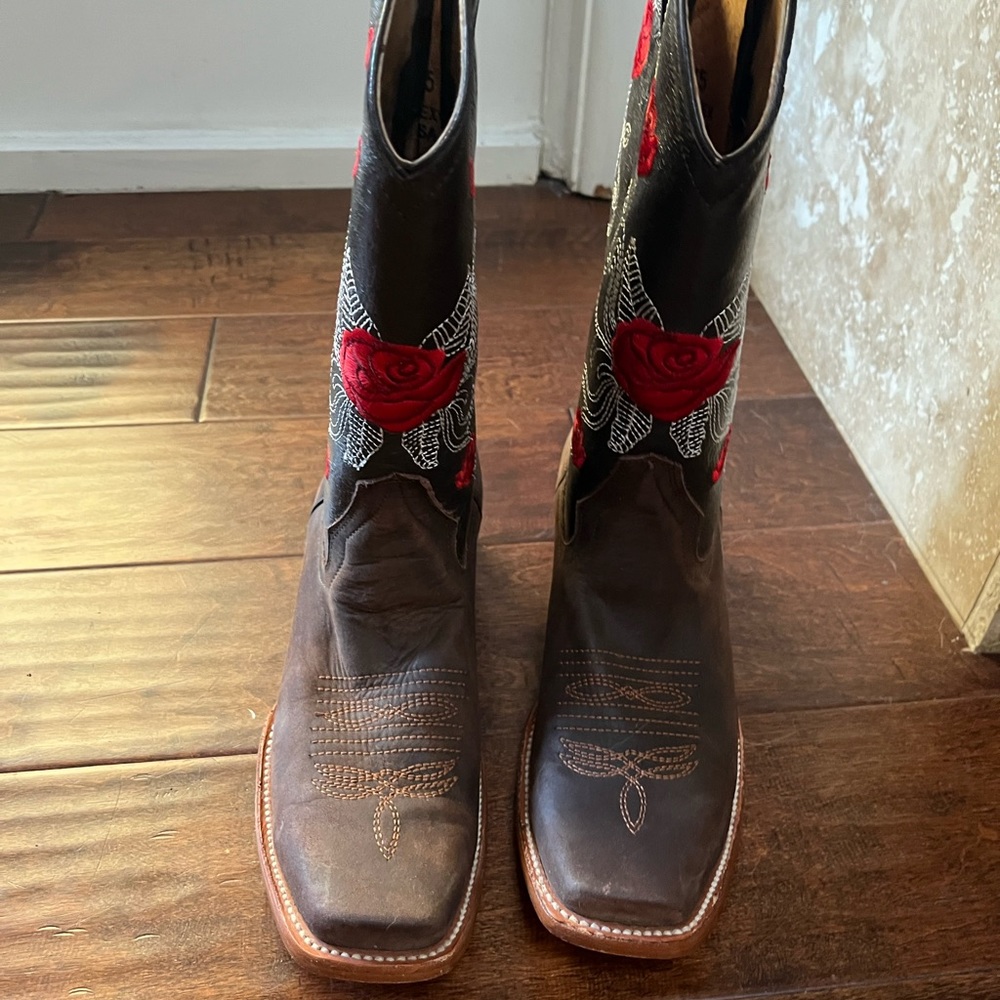 Bota Vaquera Dama Cafe Roses Cowgirl Western Rodeo Womens Square Toe Brown Boots - Picture 7 of 10